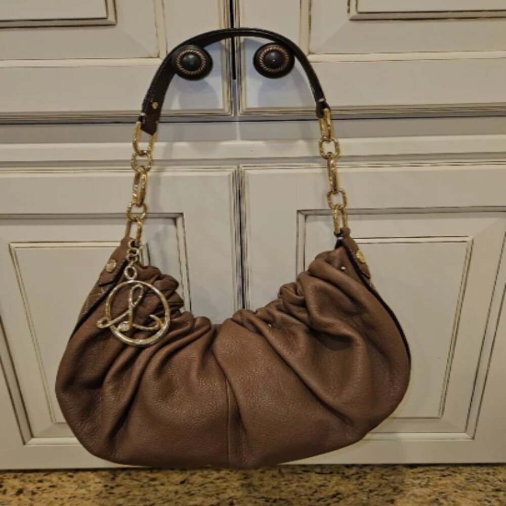Laundry Shelli Segal Buttery Brown Leather Slouchy Baguette Bag & Gold "L" Charm